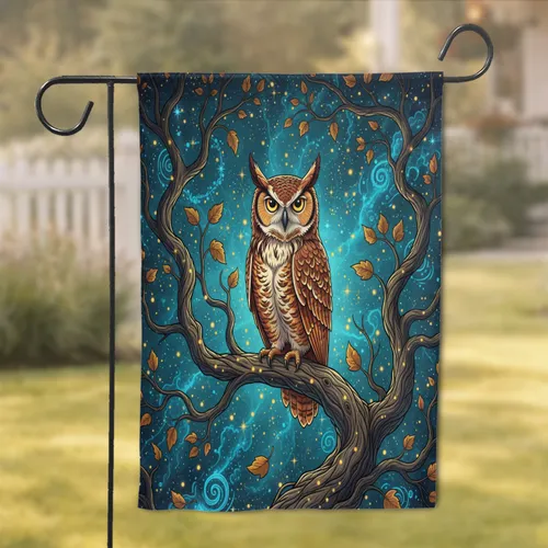 Great Horned Owl Autumn Branch Cosmic Sky Wildlife Lover Gift Garden Flag