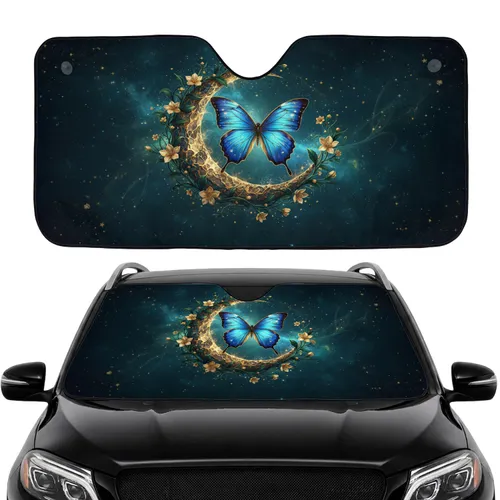 Majestic Blue Gold Butterfly Crescent Moon Golden Flowers Celestial Night Sky - Car Interior Upgrade Car Sunshade