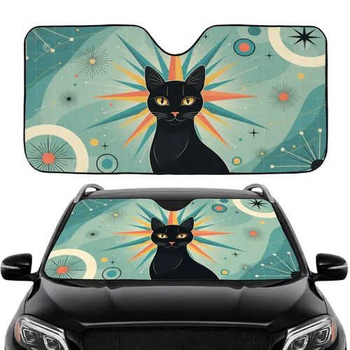 Black Cat Starbursts Atomic Motifs Curved Shapes - Car Interior Upgrade for Cat Lover Car Sunshade