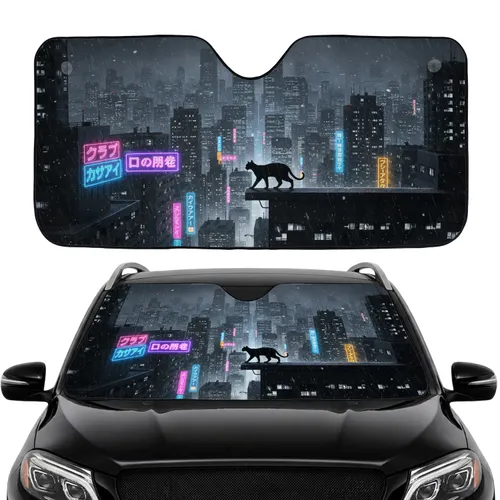 Black Cat Cyberpunk City Skyscrapers - Car Interior Upgrade Car Sunshade