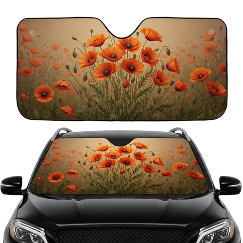 Blooming Dense Orange Poppy Field - Car Interior Upgrade Road Trip Essential Car Sunshade