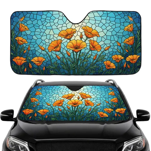 Orange Yellow California Poppies Stained Glass - Car Interior Travel Essentials Accessory Car Sunshade