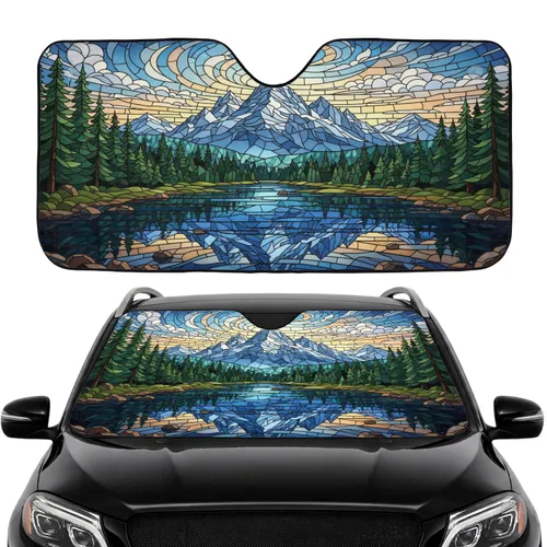 Majestic Snow-Capped Mountain Lake Forest Landscape - Road Trip Essential Car Sunshade