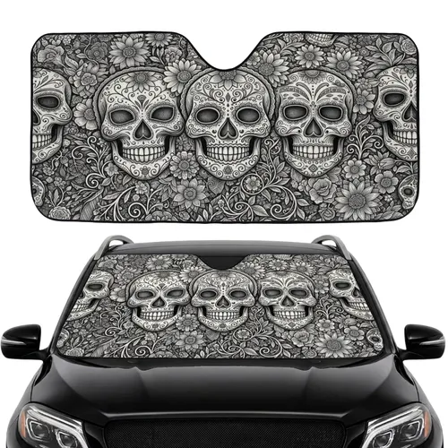 Black White Calavera Mask Sugar Skull Dia de los Muertos Floral - Road Trip Travel Essential Car Sunshade