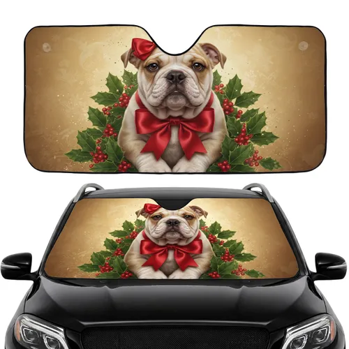 Bulldog Puppy Red Bows Holly Winter Christmas Car Interior Upgrade Car Sunshade