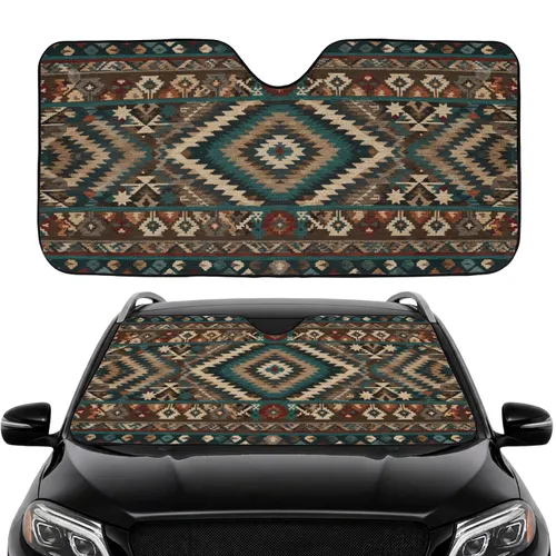 Southwestern Woven Tapestry Diamonds Triangles Crosses Stars - Travel Essentials Car Sunshade