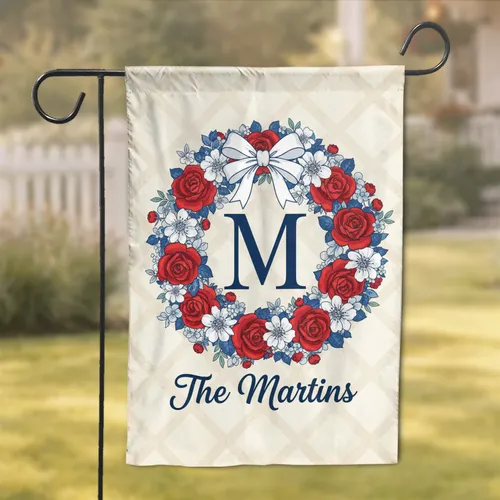 Letter Floral Wreath Ribbon Custom Family Name Garden Flag
