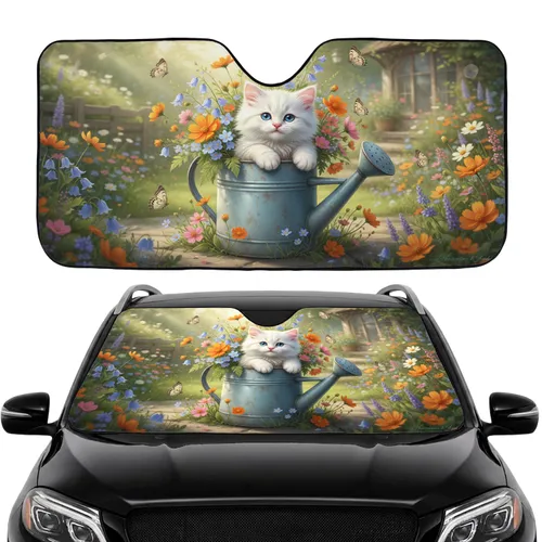 Fluffy White Kitten Watering Can Wildflowers - Car Interior Upgrade Car Sunshade