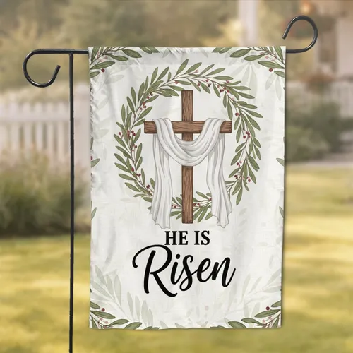 HE IS Risen Cross Shroud Olive Laurel Wreath - Christian Faith Home Decor Garden Flag