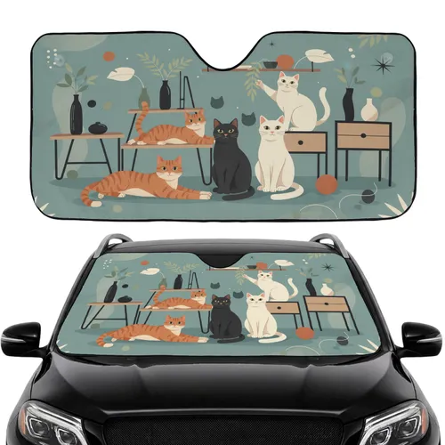 Orange Black White Felines Geometric Shapes Mid-Century Decor - Car Interior Upgrade Car Sunshade
