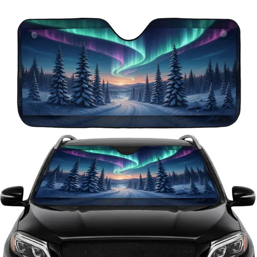 Aurora Borealis Cosmic Night Sky Winter Road Pine Forest - Travel Essentials Car Sunshade