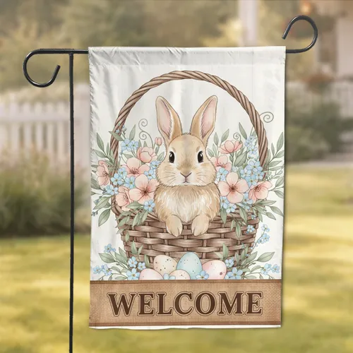 Fluffy Light Brown Bunny Wicker Basket Spring Flowers - Easter Welcome Home Decor Gift Garden Flag