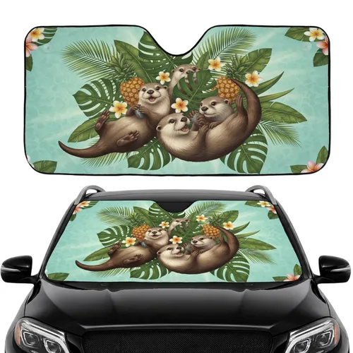Playful River Otters Plumeria Pineapple Travel Essentials Car Sunshade
