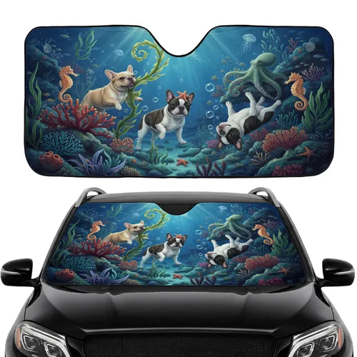 French Bulldogs Coral Reef Marine Life - Car Interior Upgrade for French Bulldog Owners Car Sunshade