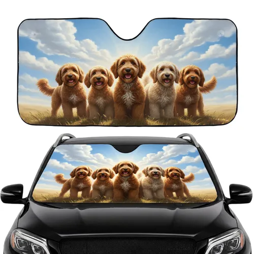 Five Fluffy Goldendoodle Dogs Road Trip Gift - Goldendoodle Lover Car Sunshade