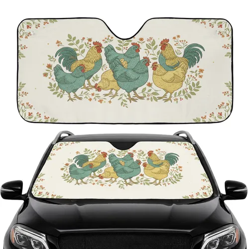 Stylized Farm Chickens Botanical Sprigs - Car Interior Upgrade Farm Animal Gift Car Sunshade