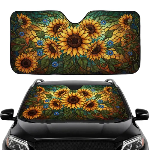 Amber Gold Stained Glass Sunflower Mosaic with Green Leaves Blue Floral - Car Interior Upgrade Car Sunshade