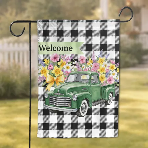 Welcome Green Pickup Truck Wildflowers Buffalo Plaid - Farmhouse Home Decor Gift Garden Flag