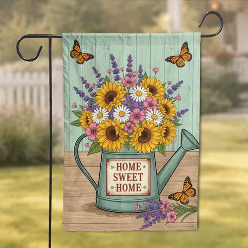 Home Sweet Home Watering Can Sunflowers Butterflies - Rustic Farmhouse Decor Garden Flag