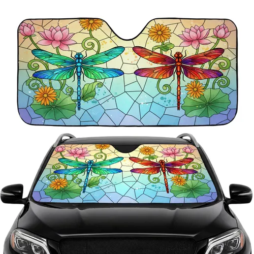 Stained Glass Dragonflies Lotus Daisy Iridescent Wings - Car Interior Upgrade Car Sunshade