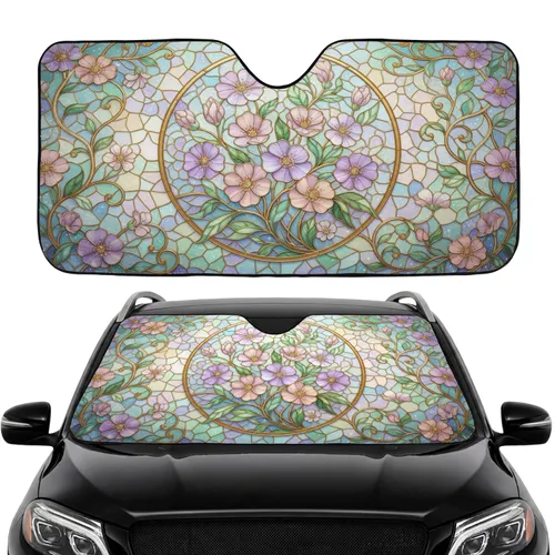 Ornate Stained Glass Blooming Flowers Leafy Vines - Car Interior Upgrade Car Sunshade