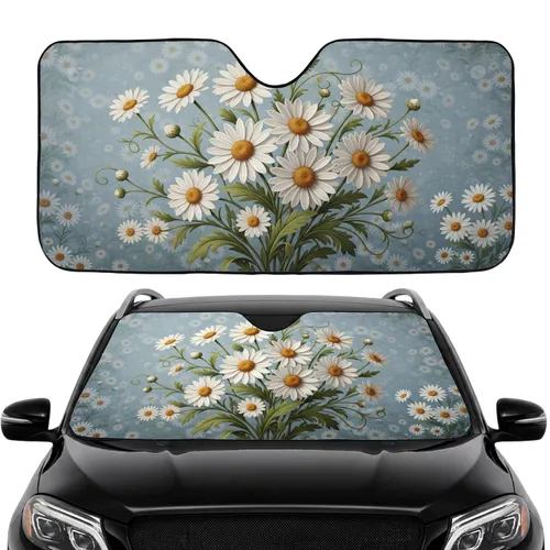Lush White Daisies Green Leaves Floral Meadow Road Trip Accessory Car Sunshade
