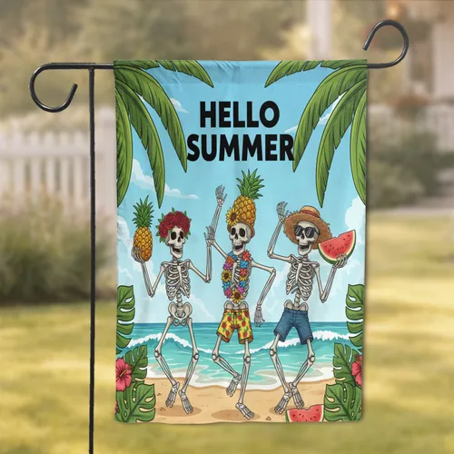 Playful Skeletons Tropical Beach Hello Summer - Summer Decor Garden Flag