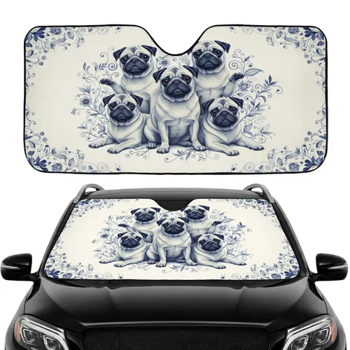 Pug Dogs Porcelain Style Botanical Car Interior Upgrade Pug Lover Gift Car Sunshade