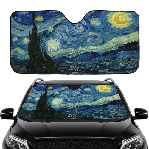 Monumental Cypress Tree Starry Night Sky Village Crescent Moon Landscape - Car Interior Upgrade Car Sunshade