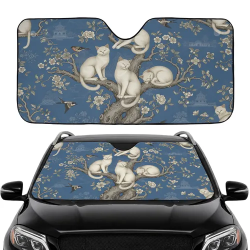 Toile de Jouy Cats Exotic Birds Pagodas Delicate Tree Blossoms - Car Interior Upgrade Car Sunshade