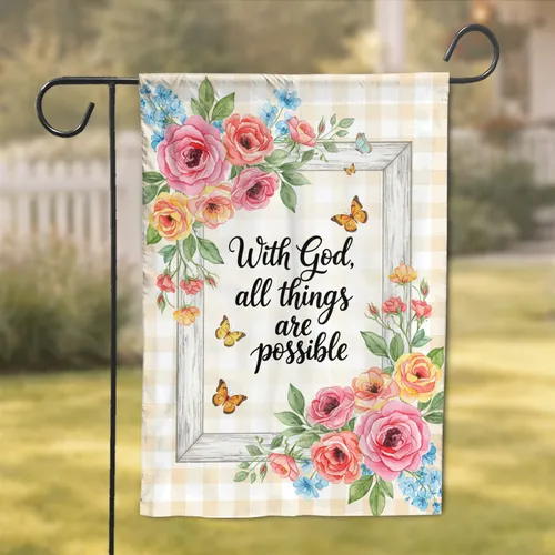 Inspirational Quote Floral Butterflies Distressed Wood Frame - Christian Home Decor Garden Flag