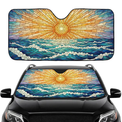 Glowing Golden Sun Stained Glass Ocean Waves - Road Trip Travel Essentials Car Sunshade