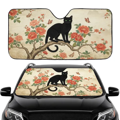 Black Cat Chinoiserie Flowers Butterflies - Car Interior Upgrade Cat Lover Gift Car Sunshade