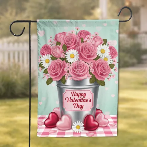 Galvanized Metal Bucket Pink Roses White Daisies Hearts Valentine's Day Home Decor Garden Flag