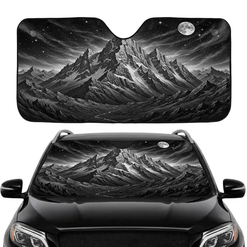 Snow Capped Mountain Night Sky Full Moon - Road Trip Travel Essentials Car Sunshade