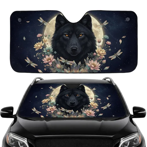 Black Wolf Full Moon Dragonflies Lotus Cosmic Sky - Car Interior Upgrade Car Sunshade