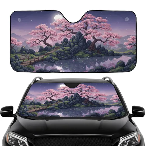 Japanese Moonlight Cherry Blossom Landscape - Car Interior Upgrade Car Sunshade
