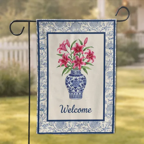 Chinoiserie Ginger Jar Fuchsia Lilies Welcome Sign Blue Floral Pagoda - Home Decor Gift Garden Flag