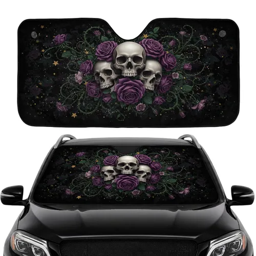Human Skulls Purple Roses Golden Stars - Car Interior Upgrade for Drivers Car Sunshade