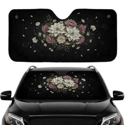 Deep Black White Mauve Poinsettia Chrysanthemum Blooms Leafy Sprigs Car Interior Upgrade Car Sunshade