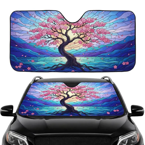 Cherry Blossom Stained Glass Mountains Water - Car Interior Upgrade Car Sunshade