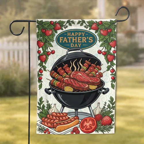 Happy Father's Day BBQ Grill Steaks Sausages Berry Foliage - Grilling Gift for Dad Garden Flag