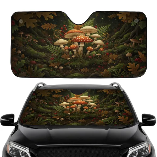 Prominent Orange Toadstools Lush Forest Fungi Wild Foliage Moss Ferns - Road Trip Gift Car Sunshade