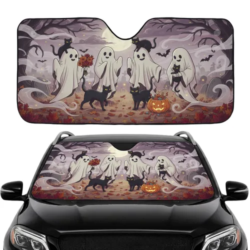 Friendly Ghosts Black Cats Graveyard Scene - Halloween Road Trip Gift for Cat Lover Car Sunshade