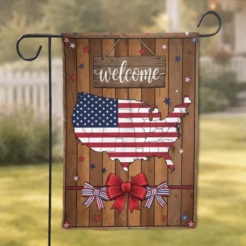 America Map Stars Rustic Welcome Sign - Patriotic Independence Day Decor Garden Flag