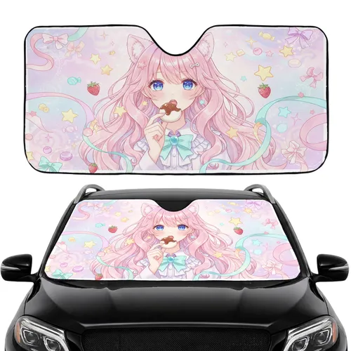Anime Girl Pastel Pink Hair Animal Ears Sweet Treat - Road Trip Gift for Anime Fan Car Sunshade