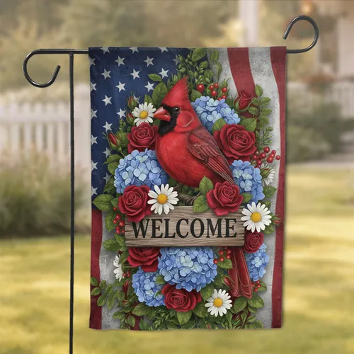 Red Cardinal Welcome Sign Patriotic American Flag Floral - Bird Lover Home Decor Garden Flag