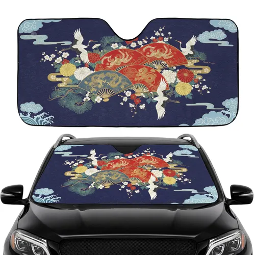 Japanese Folding Fans Cranes Cherry Blossom Pine - Car Interior Upgrade Car Sunshade