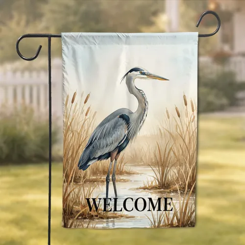 Welcome Great Blue Heron Marsh Reeds - Housewarming Gift Wildlife Lover Garden Flag