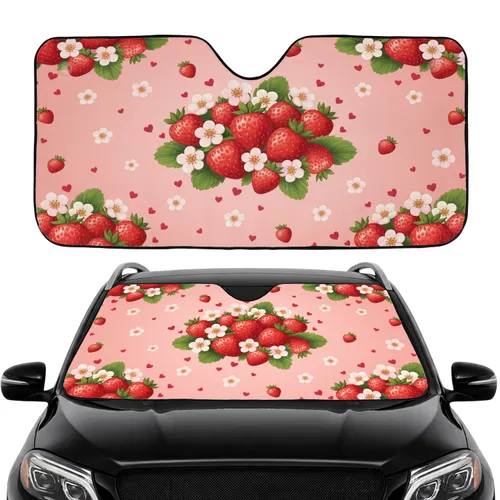 Plump Red Strawberries Pink Blossoms Green Leaves Scattered Hearts Car Interior Upgrade Car Sunshade
